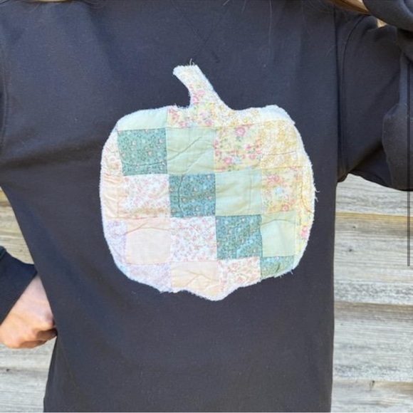 Quilt Pumpkin Handmade Sweatshirt Upcycle Fall Halloween Art to Wear Creator - Picture 3 of 6